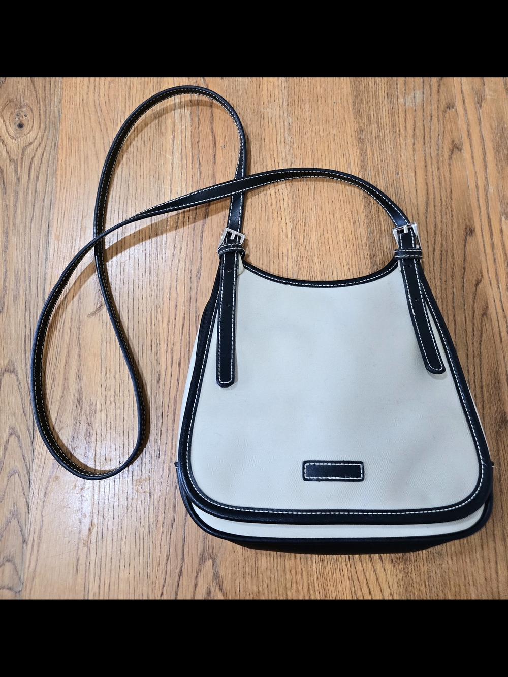 Amanda Smith Off White Canvas  w/ Black Leather Trim Crossbody Purse